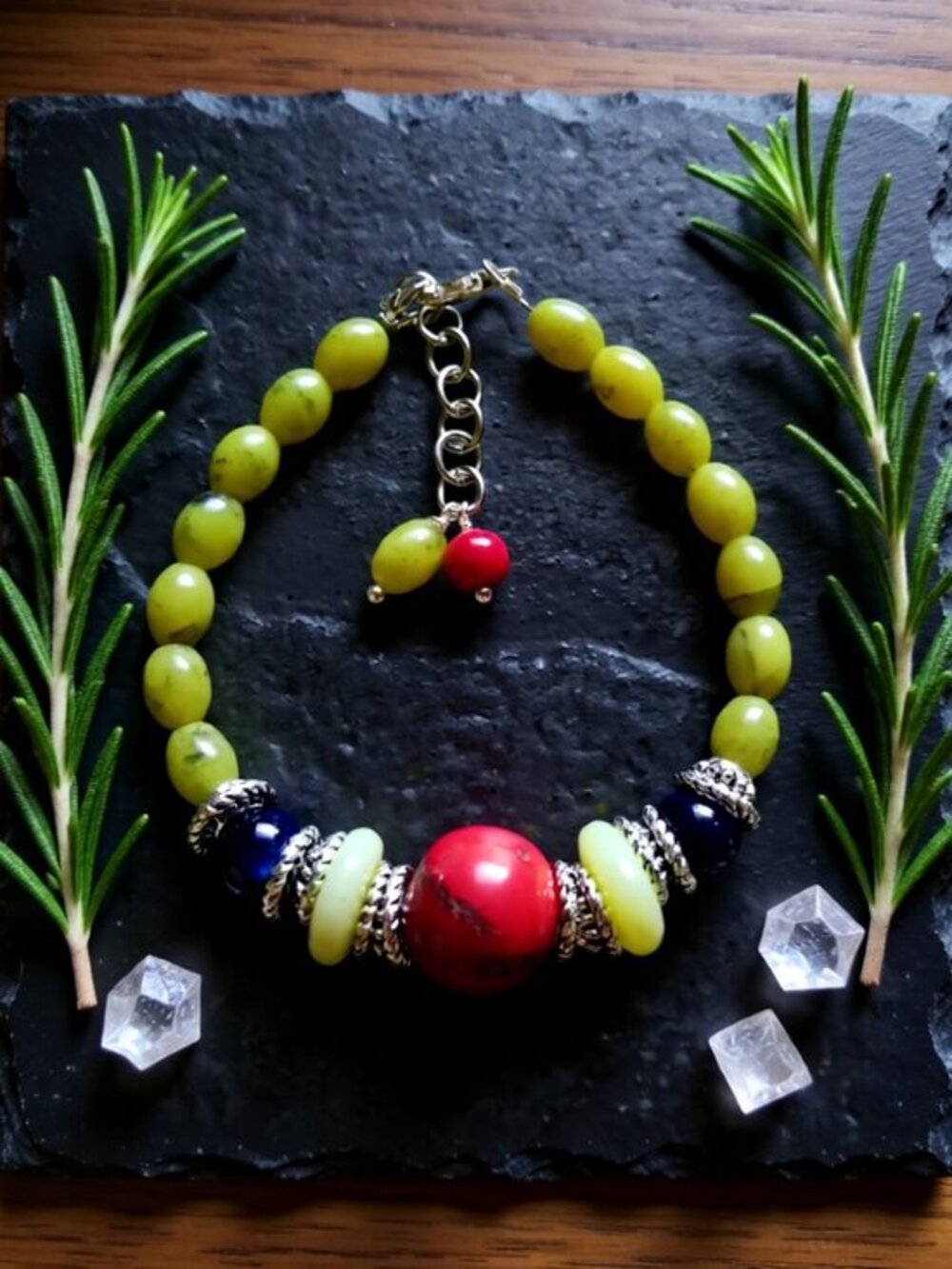 Handmade Eclectic Boho Bracelet - Semi-Precious Beads - Red Grape Green & Blue